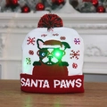Detail of LED knit Christmas hat featuring Santa Paws dog design and colorful lights - White Sunglasses Dog
