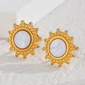 Elegant gold sunflower stud earrings featuring white circular inlay for women - Sunburst Style (JZE845-02)