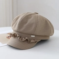 Brown plaid newsboy cap with lace brim and brand plaque on white minimalist surface - M(56-58cm) / Khaki Plaid (80858 With Logo)
