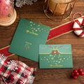 Green fold-out Christmas card set with gold Merry Christmas lettering on wood background - Christmas Wreath【Green】