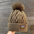 Brown cable knit beanie with faux fur pom and Happy label, warm winter accessory - Happy-Thickened Style / Khaki