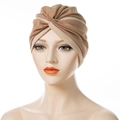 Turban headscarf featuring a brown and beige two-tone twisted cross design on a model - Light Khaki & Beige