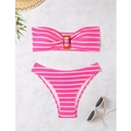 Bikini bandeau de rayas rosas y blancas con hebilla ámbar y textura de tela seersucker - S / Rosa Oscuro