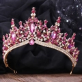 Detail of bridal gold crown with sparkling rose pink crystals and white rhinestones - KC Gold White & Rose Red Rhinestone