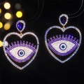 Luxurious heart-shaped evil eye earrings in blue and purple with pavé rhinestones - Royal Blue Evil Eye