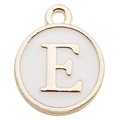 Golden round pendant with letter E engraving and white enamel finish for DIY jewelry - Double-Sided Letter E / 1 Piece (12x14mm) / White