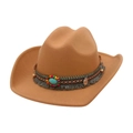 Ethnic camel wool felt cowboy hat with turquoise buckle, beads and tassels on white background - One Size / Camel