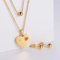 Set minimalista con collana doppia dorata con ciondolo a cuore e orecchini a lobo coordinati - Collana a Cuore + Orecchini a Lobo Tondi Set / Oro
