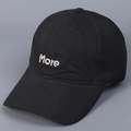 Close-up of premium black cotton baseball cap with white More letter embroidery on front - M (56-58cm) / Black