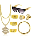 Hip hop jewelry set featuring gold dollar sign necklace, sunglasses, and chunky rings - 5-Ring 8-Piece Accessory Set