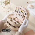Dual-layer cream textured leather jewelry storage box for rings and earrings - Cream White