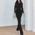 Eng anliegender schwarzer langärmliger Jumpsuit mit Schlaghose für Damen Mode-Look - XS / Schwarz