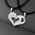 Matching silver heart couple necklaces with I Love You engraving and rhinestones - Silver+Silver (With Leather Rope)