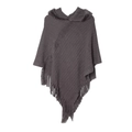 Dark charcoal hooded knit poncho featuring a faux fur collar and decorative fringe trim - Gray