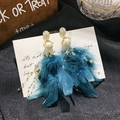 Eleganti orecchini con piume blu con perle finte e dettagli in oro scintillante - Blu Inchiostro (6# Ago in Argento)