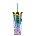 Double-walled plastic straw cup with green-purple mermaid tail and multi-color sequins - Type K/Green Blue Purple Gradient