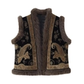 Ethnic style black beaded vest with brown faux fur trim and paisley embroidery detail - S / Black/Gold
