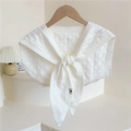 White cable-knit shawl decorative fake collar with front tie hanging on wooden hanger - One Size / White