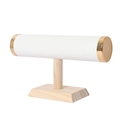 Detail view of T-bar jewelry stand with white PU leather bar and solid wood base - PU Leather / White