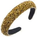 Detail view of gold thick padded headband fully embellished with sparkling rhinestones - Gold