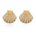 Detailed macro view of scallop shell stud earrings featuring white pearls and gold base - Style F: Gold 1 Pair
