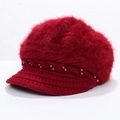 Deep red knitted beret hat featuring fluffy rabbit fur texture and red pearl trim details - One Size / Slanted Pearl Bright Red
