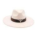 Off-white wide brim fedora hat with brown leather band and silver longhorn bull metallic emblem - Beige