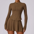 Ensemble de sport anti-UV marron pour femme avec veste zippée et jupe plissée - S / Brun Mocha