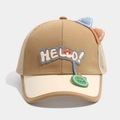 Detail of kids mesh cap with HELLO patch, cartoon dinosaur charm, and 3D ears - 52cm 2-5 Years Old / Dark Khaki (Hello)