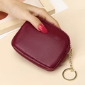 Genuine leather mini coin purse in wine red lychee texture with gold keychain - Burgundy