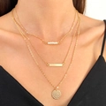 Three-layer gold necklace with pearls, rectangular plate, and textured round pendant - Gold 3-Layer Pearl Square Ripple Disk Style (0359)
