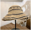 Handwoven beige straw sun hat with navy blue stripes and a wide brim for women - M / Crisscross Color Block Bucket Hat-Beige