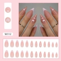 Pink French stiletto press-on nails with gold lines and white hearts, full kit W312 - Concentric Connection (W312) / Glue Type
