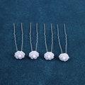 Detailed view of four white floral resin hair pins with wavy metal U-shaped grips - Layered Petal Flower Style (FZ-001) / 4Pcs Set / White
