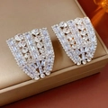Detailed shot of large silver fan-shaped earrings with sparkling cubic zirconia inlay - Silver Earring Post Style / Silver
