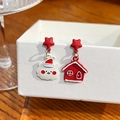 Asymmetric Christmas star earrings with red house and cloud motifs on display - E5741-5 Star Cloud House