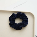 Minimalist navy blue pleated hair scrunchie with shiny polyester texture on a tray - Navy Blue