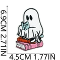 Detailed embroidery patch showing a cute ghost reading on books with precise size scale - Style 41 - Reading Ghost