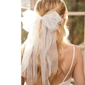 White oversized tulle bow hair clip with pearls and long streamers for wedding styling - Mesh without Pearls / White