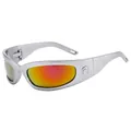 Y2K futuristic silver sunglasses with orange gradient reflective lenses and crescent logo - Silver Frame Red Mirror Lens