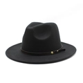 Classic black wool felt fedora hat with wide brim and brown leather buckle belt band - M (56-58cm) / Black