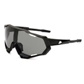 All-black cycling sunglasses with large shield lens and aerodynamic hollow temples - Black Frame Grey Lens