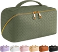 Olive green woven leather makeup bag shown with seven color options and gold zipper - Army Green