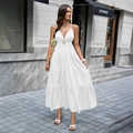 Elegant white tiered maxi dress with V-neckline and decorative waist detail for women - S / White