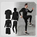 Men's 5-piece black compression sports set with quick-dry t-shirt, shorts, and leggings - S / Top And Bottom / 5-Piece Set (Loose Fit) / Black