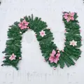 Green PVC Christmas garland with pink poinsettia flowers and glossy ornaments decoration - Pink Decorated Garland