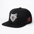 Black flat brim hip hop hat with detailed white tiger embroidery and red side claw marks - Adjustable / Black (White Logo)