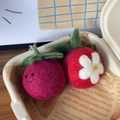 Handmade wool felt mangosteen and strawberry fruit keychain set with cute smiley faces - Bamboo Peace