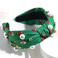 Détail d'un serre-tête noué en tissu vert avec imprimé balle, perles et strass - Vert (Baseball)