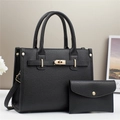 Classic black pebbled leather tote and pouch set with golden buckle for women - Black